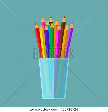 Colored Pencil Set In A Glass Flat Icon