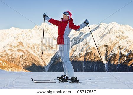 Woman Skiing In Solden; Otztal Alps; Tirol; Austria
