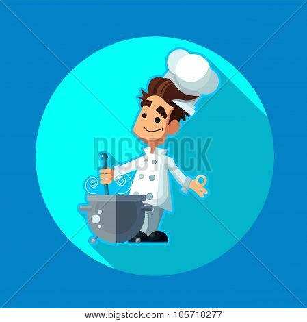 Round Flat Vector Icon With Chef Apple And Kitchenware