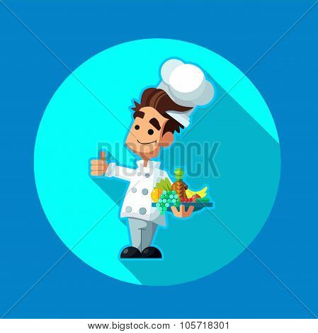 Round Flat Vector Icon With Chief Cook And Kitchenware