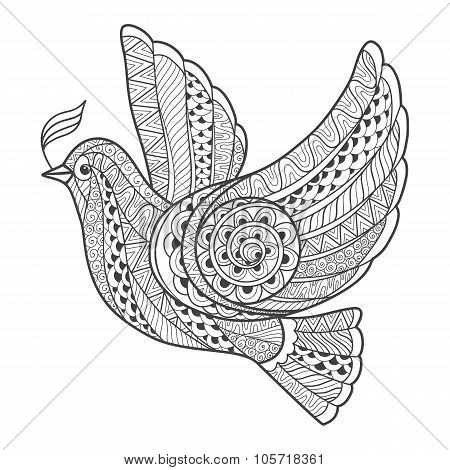 Zentangle stylized dove with branch.