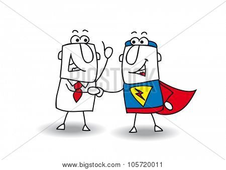 Hello superhero. A businessman and a superhero shaking hands. It's ok ! I swear to you !