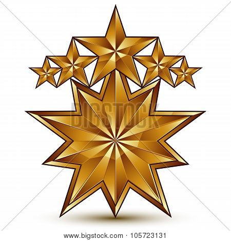 3D Vector Classic Royal Symbol, Sophisticated Golden Round Emblem With 5 Stars Isolated On White Bac
