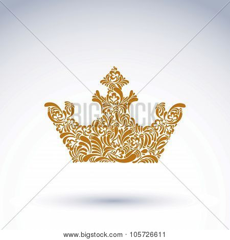 Flower-patterned Decorative Crown, Art Royal Symbol. King Coronet Filled With Abstract Natural Patte