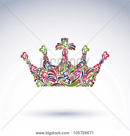 Colorful Flower-patterned Crown, Coronation Design Element. Classic Royal Accessory Decorated With A
