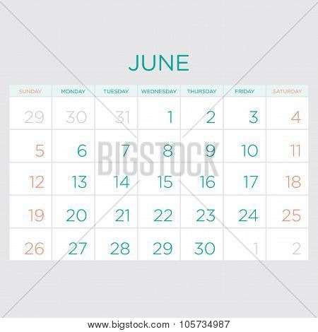 Calendar Vector Template 2016. June.