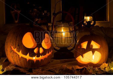 Photo Composition From Two Pumpkins On Halloween.