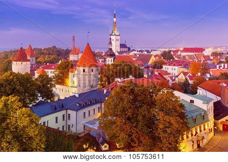 Aerial view old town in the twilight, Tallinn, Estonia