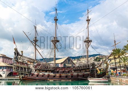 Old Wooden Ship In Genoa, Italy