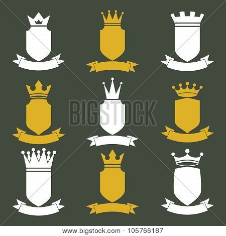 Collection Of Empire Design Elements. Heraldic Royal Coronet Illustration. Set Of Luxury Vector Shie