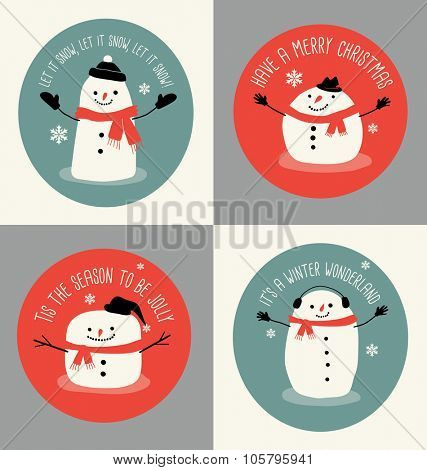 4 Holiday greeting cards or tags with snowmen in simple flat style 