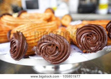 Group of typical churros at a stall, Spain.