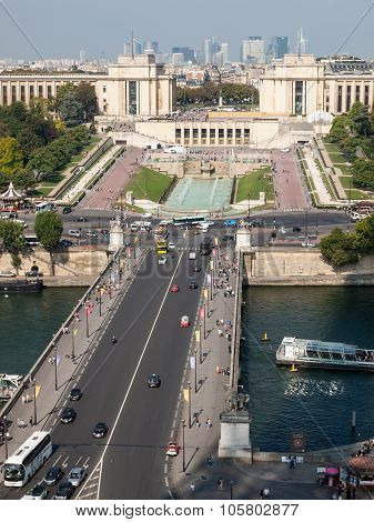 PARIS, FRANCE - SEPTEMBER 9, 2014: Eiffel Tower - The most famous symbol of ParisView of river Seine Trocadero and La Defense from the Eiffel tower. Paris France Europe
