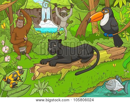 Jungle forest with animals cartoon vector