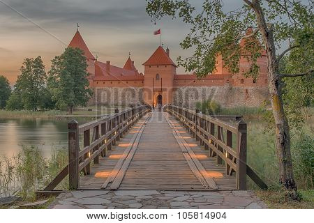 Trakai Island Castle in Lithuania next to Vilnius. Landmark in historical capital city of Grand Duchy of Lithuania, located in Galve lake