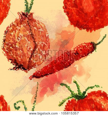 Watercolor seamless background pattern with a tomato, an onion and a red hot chili pepper