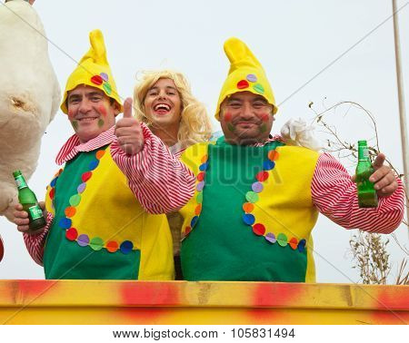 Corralejo - March 17: Dressed-up Participants On A Carnival Float At Grand Carnival Parade, March 17