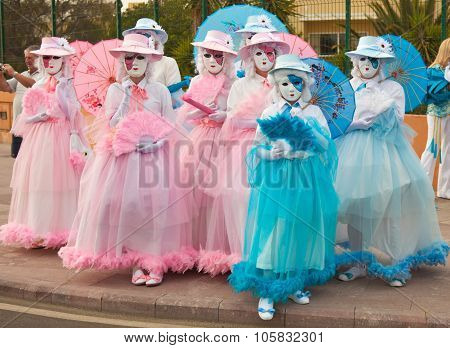 Corralejo - March 17: Participants In Venetian-style Costumes At The Assembly Point For Grand Carniv
