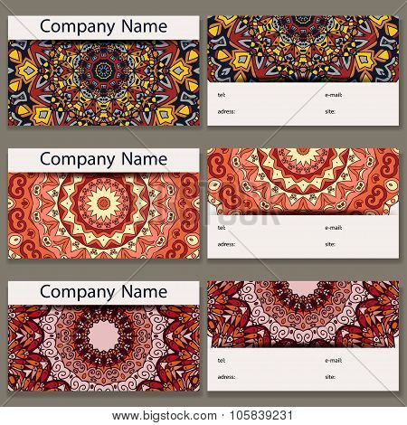 Set of six business cards. Vintage pattern in retro style with mandala. Hand drawn Islam, Arabic, In