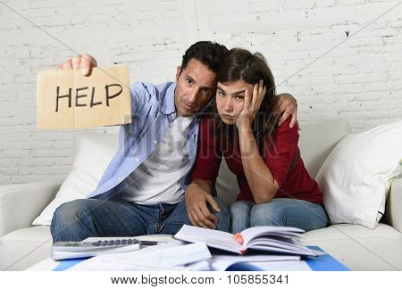Young Couple Worried At Home In Bad Financial Situation Stress Asking For Help