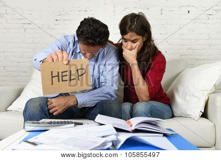 Young Couple Worried At Home In Bad Financial Situation Stress Asking For Help