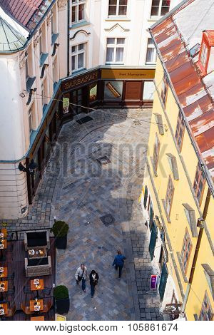 Above View Of Michalska Street With Cafe And Shops
