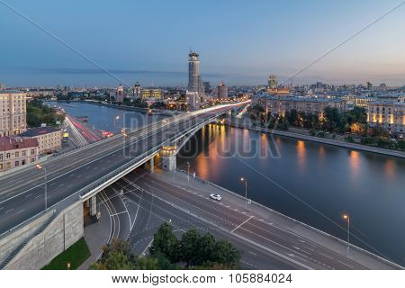 Moskva River and Big Krasnokholmsky bridge at evening in Moscow. Long exposure
