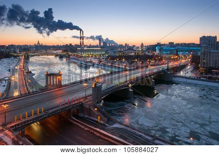 Bridge of Bogdan Khmelnitsky, Borodinsky bridge on Moskva river in winter evening in Moscow
