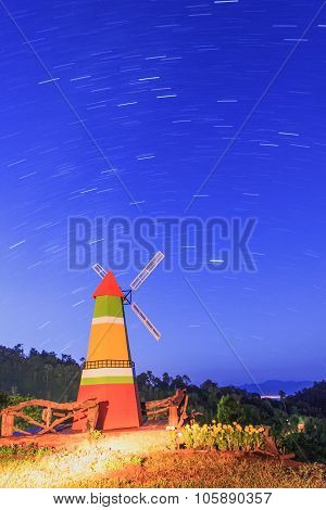 Decorative Turbines In Night On Mountain At Wiang Haeng, Chiang Mai, Thailand.