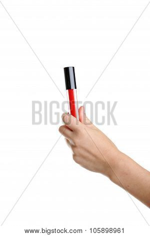Female Hand With Lip Gloss Isolated On White
