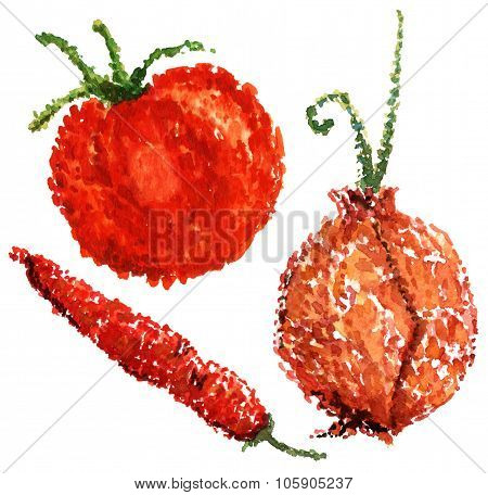 Watercolor drawing of a tomato, an onion and a red hot chili pepper in pointillist style