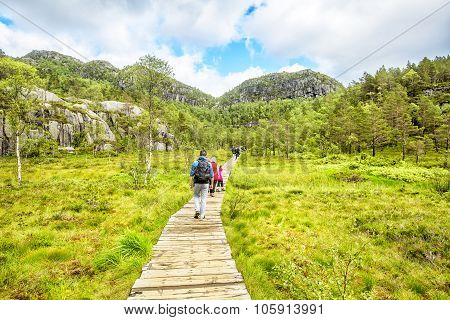 Hiking trail and alpine landscape of the Preikestolen and Lysefjord area in Rogaland, Norway