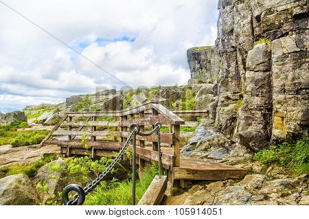 Hiking trail and alpine landscape of the Preikestolen and Lysefjord area in Rogaland, Norway