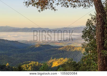 A Sunrise Over The Fog In Wiang Haeng ,chiang Mai , Thailand.
