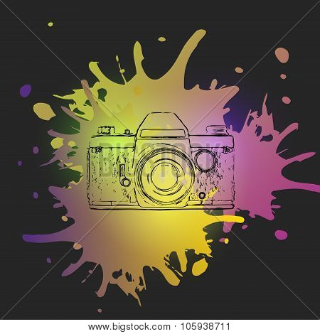 Old Retro Camera On The Background Of Blots. Vector Illustration
