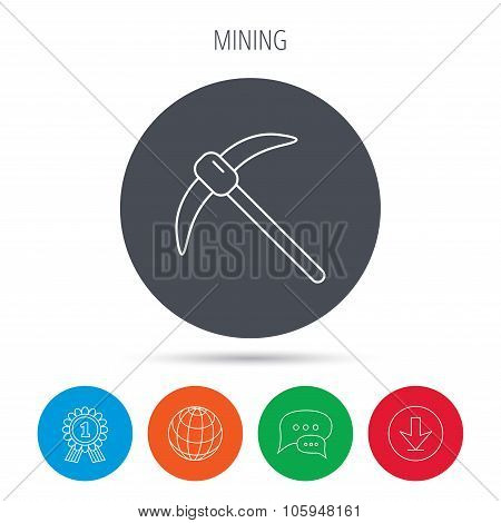 Mining tool icon. Pickaxe equipment sign.