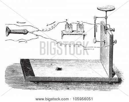 Microphone Hughes, vintage engraved illustration. Magasin Pittoresque (1882).