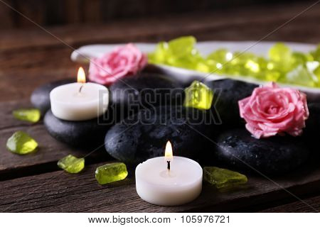 Relaxing composition on wooden background