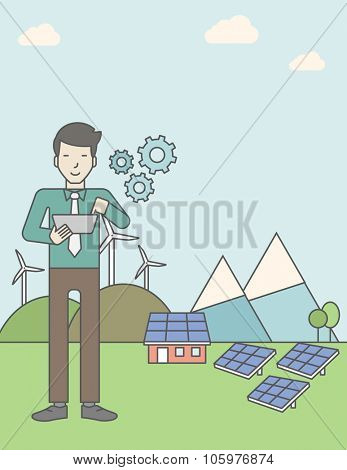 An asian man with a tablet in hands on a background with solar panels and wind turbines. Vector line design illustration. Vertical layout with a text space for a social media post.