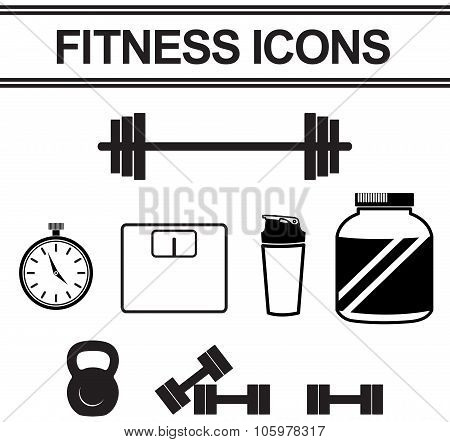 Silhouette Fitness And Exercise Tool Such As Dumbbell, Stop Watch, Weight Collection Icon Set, Creat