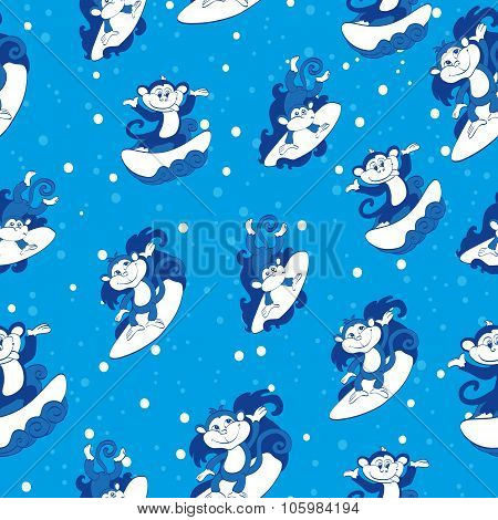 Vector Blue Surfing Monkeys Seamless Pattern. California Hawaii