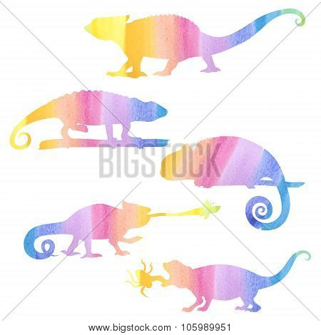 Watecolor set of chameleons.