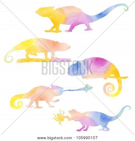 Watecolor set of chameleons.