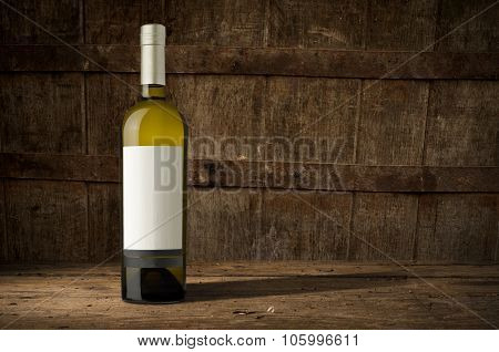Still life with wine bottles, glasses and oak barrels  vintage