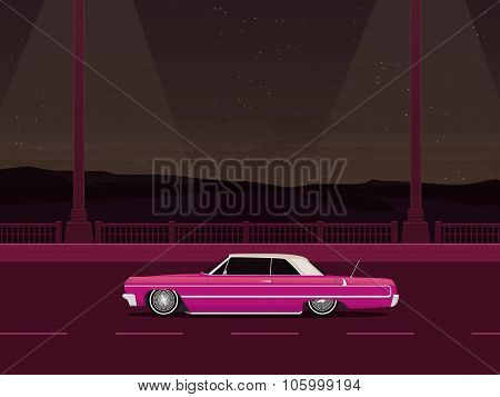 Pink Lowrider On The Evening Road, Night City, Vector Art
