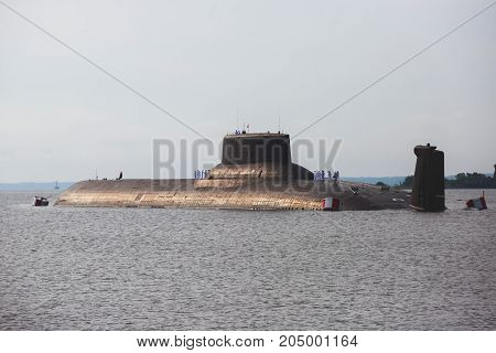 A Line Of Modern Russian Military Submarine Cruisers In The Row, Northern Fleet And Baltic Sea Fleet