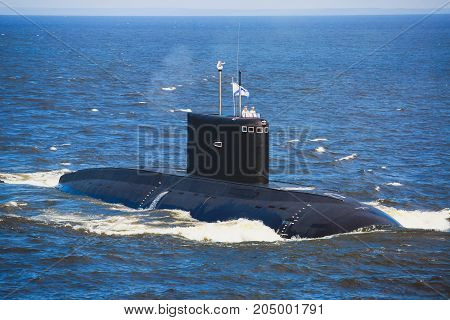 A Line Of Modern Russian Military Submarine Cruisers In The Row, Northern Fleet And Baltic Sea Fleet