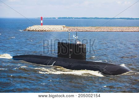 A Line Of Modern Russian Military Submarine Cruisers In The Row, Northern Fleet And Baltic Sea Fleet