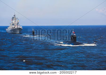 A Line Of Modern Russian Military Submarine Cruisers In The Row, Northern Fleet And Baltic Sea Fleet