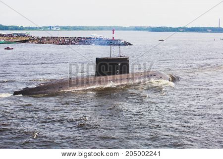 A Line Of Modern Russian Military Submarine Cruisers In The Row, Northern Fleet And Baltic Sea Fleet